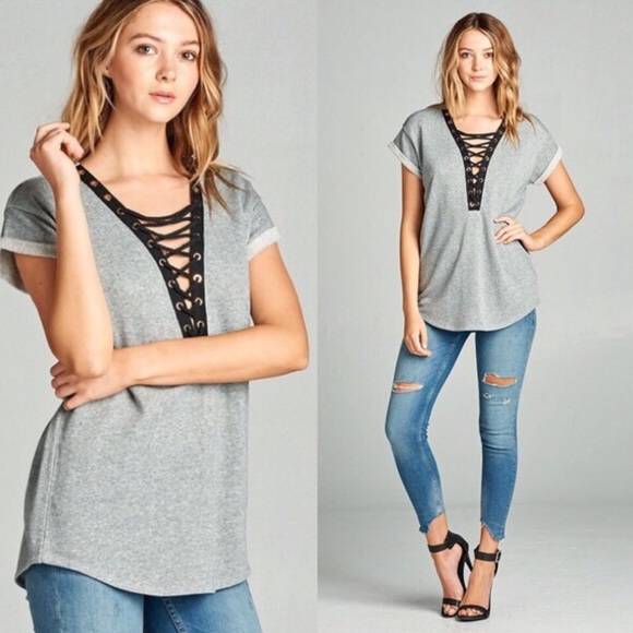 Womens gray french terry lace up short sleeve top - Picture 6 of 8